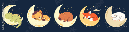 A set of cute illustrations in a childish style. Cute newborn animals sleeping on the moon, night and stars. Lion capybara fox polar bear dinosaur mouse. Vector illustration