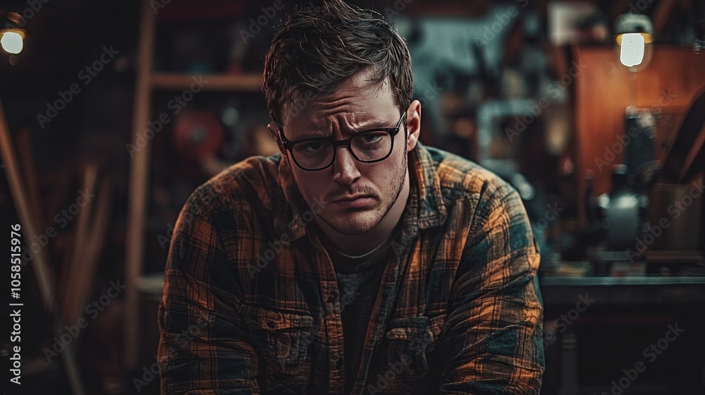 Thoughtful Man Looking Down in a Workshop Setting Thoughtful Man Looking Down in a Workshop Setting