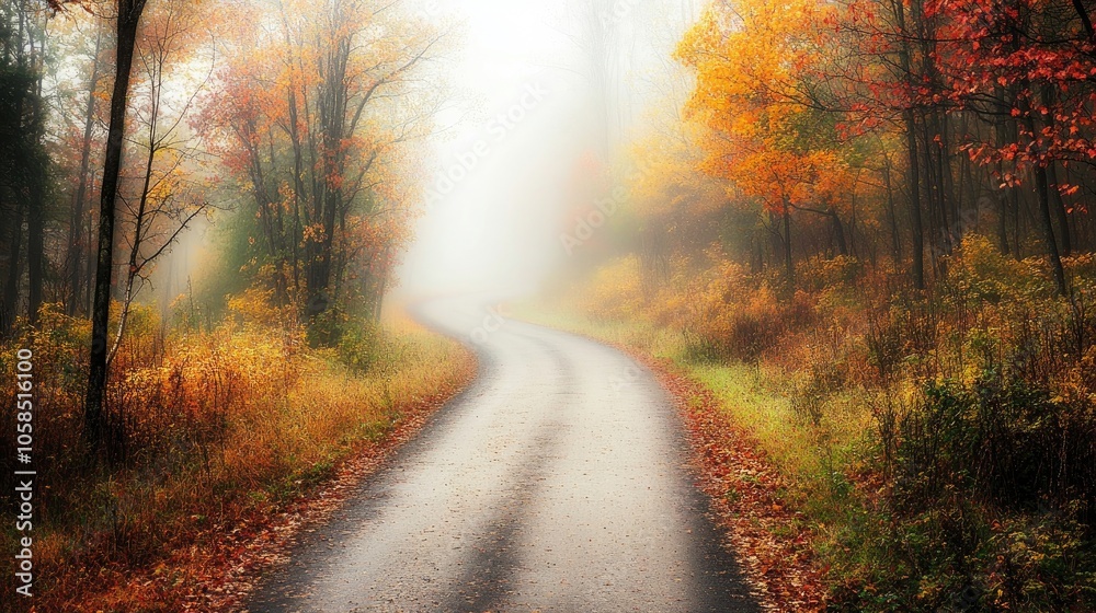 Windy road disappears into dense fog, surrounded by vibrant fall forest scenery. This image captures the enchanting ambiance and mystery of a foggy, wooded landscape with ample copy space. Windy road disappears into dense fog, surrounded by vibrant fall forest scenery. This image captures the enchanting ambiance and mystery of a foggy, wooded landscape with ample copy space.