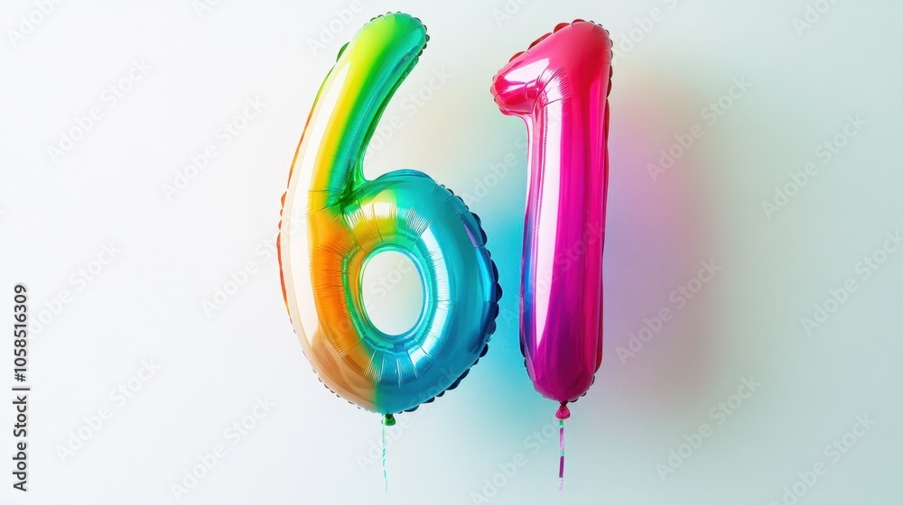 Fototapeta premium Colorful Number 61 Balloons on White Background