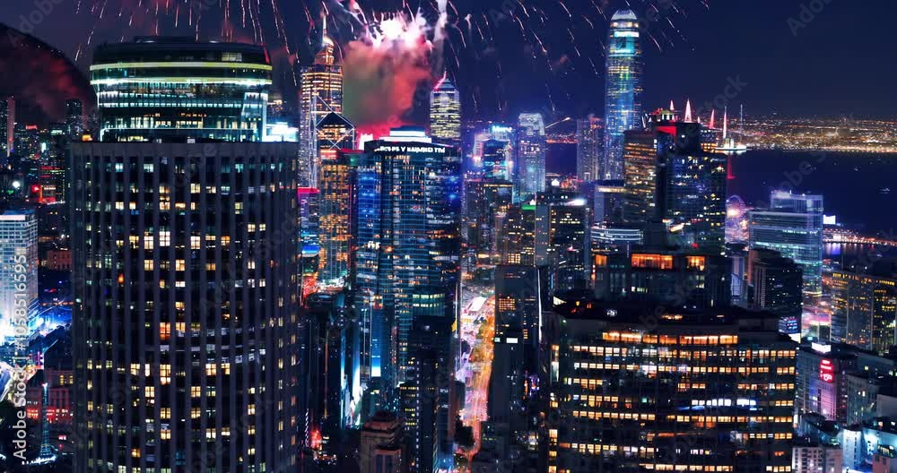 Aerial view of Firework show on Victoria Harbor, Hong Kong