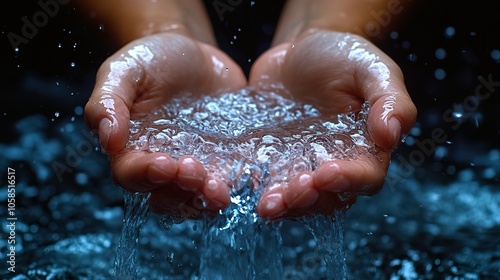 Hands in water pouring out stream of pure living water, symbolizing source of life for all