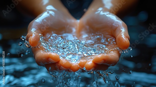 Hands in water pouring out stream of pure living water, symbolizing source of life for all