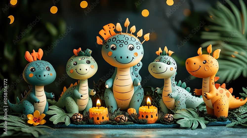 Happy birthday card with group of cartoon dinosaurs on blue background adds playful touch Happy birthday card with group of cartoon dinosaurs on blue background adds playful touch