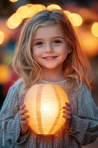 Charming Child Holding a Glowing Lantern at Dusk. St. Martin's Day photo