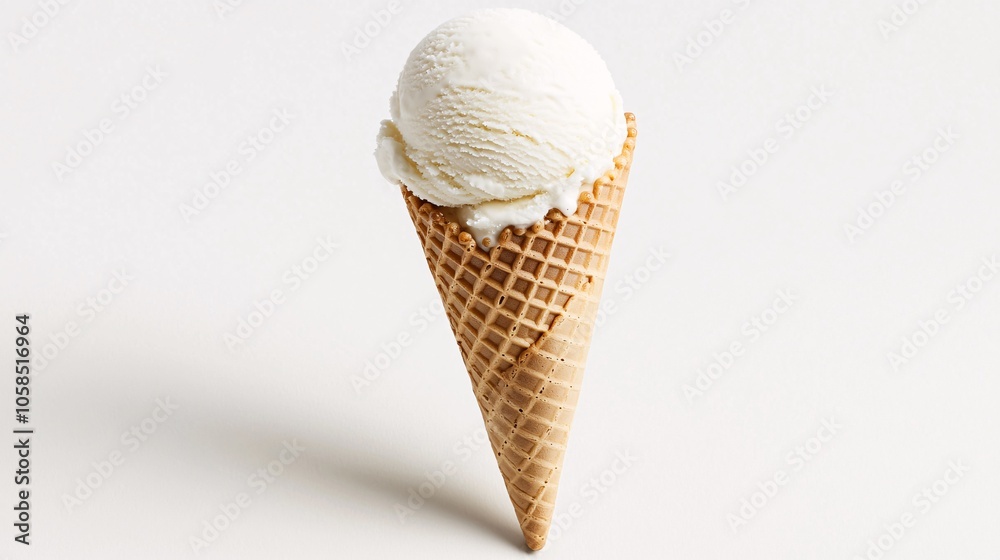 103.A waffle ice cream cone holding a single scoop of creamy ice cream, set against a white backdrop. The clean lines and textures of the cone and ice cream make it stand out in sharp detail. 103.A waffle ice cream cone holding a single scoop of creamy ice cream, set against a white backdrop. The clean lines and textures of the cone and ice cream make it stand out in sharp detail.