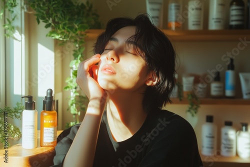 Radiant Morning Non-Binary Individual Embracing Skincare in Sunlit Euphoria photo