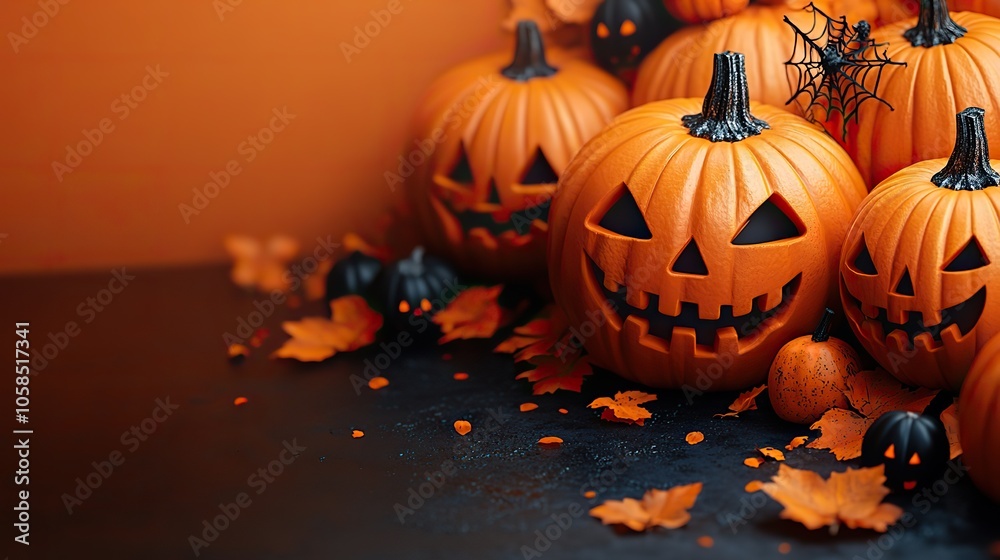 Fototapeta premium Happy Halloween text in white on top of pumpkins, with solid background