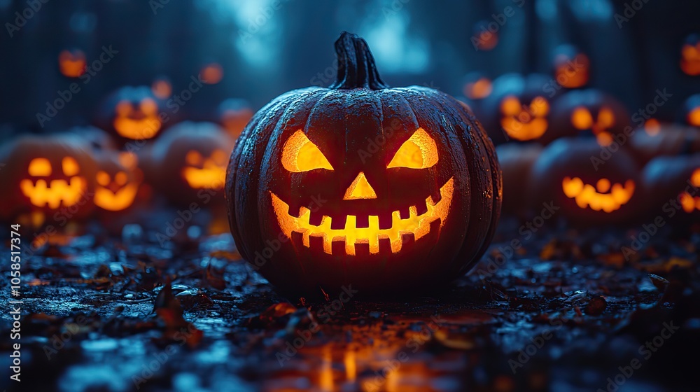 Happy Halloween text in white, with pumpkins and various sizes in the background