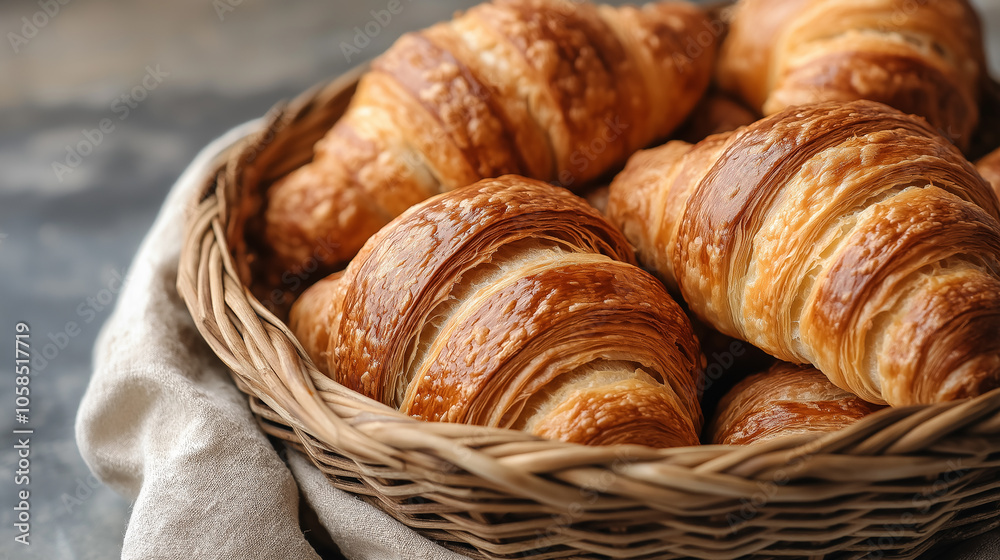 Freshly Baked Croissants in a Basket, Capturing the Flaky, Golden Layers of the Pastry Freshly Baked Croissants in a Basket, Capturing the Flaky, Golden Layers of the Pastry