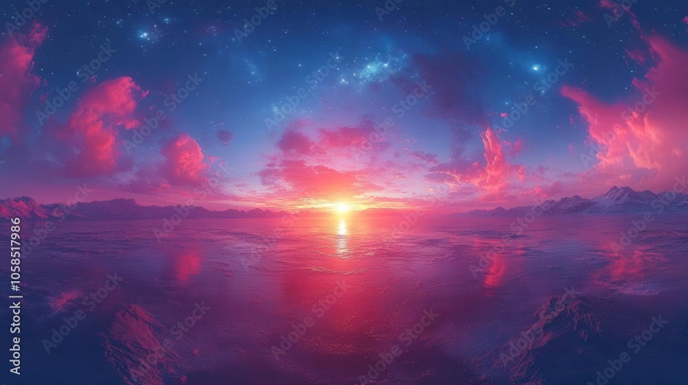 360-degree panoramic view of a stunning summer sunset. the sky is ablaze with hues of blue, pink, and red, creating an immersive experience ideal for virtual reality showcases 360-degree panoramic view of a stunning summer sunset. the sky is ablaze with hues of blue, pink, and red, creating an immersive experience ideal for virtual reality showcases