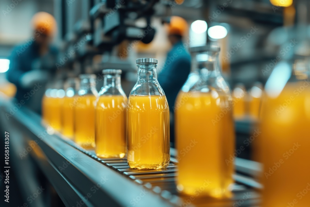 Row of clear glass bottles filled with orange juice on a production line. Row of clear glass bottles filled with orange juice on a production line.