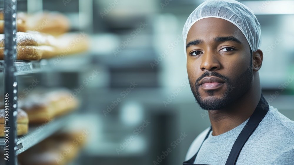 Fototapeta premium Focused African American male baker in a professional kitchen with freshly baked goods.