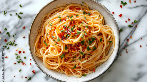 Spaghetti Aglio e Olio with Fresh Parsley and Red Chili Flakes - A delicious bowl of spaghetti aglio e olio topped with fresh parsley and red chili flakes.