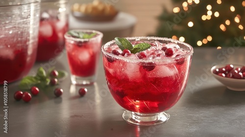 Cranberry-Mint Holiday Punch. Festive Cranberry Punch with Ice and Mint Decoration