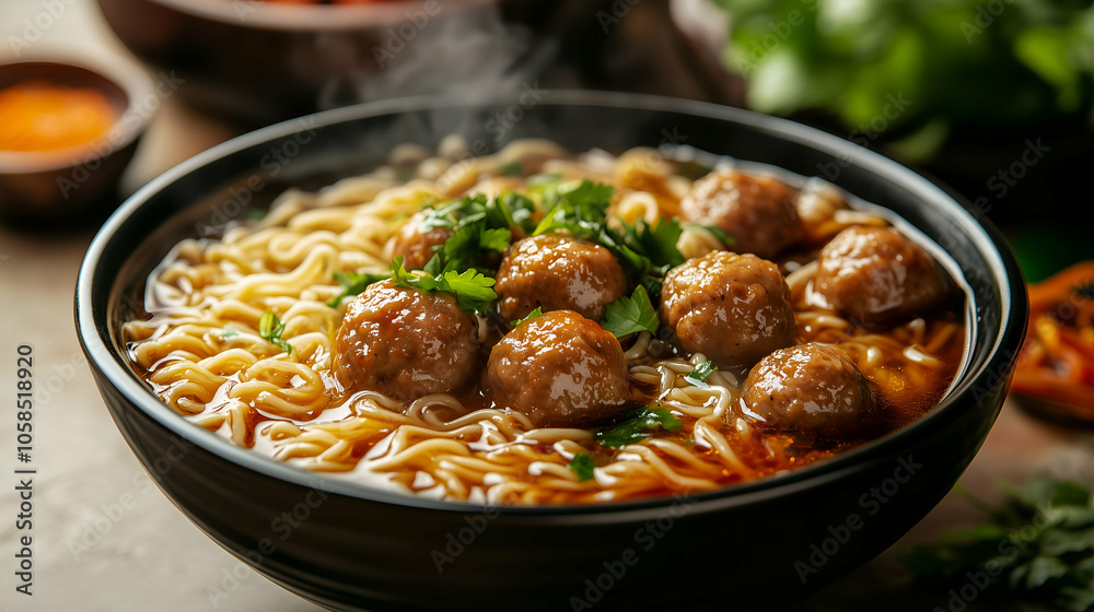 Savory Meatball Ramen Noodle Soup with Fresh Herbs - A hearty bowl of ramen noodle soup topped with savory meatballs and garnished with fresh herbs. Savory Meatball Ramen Noodle Soup with Fresh Herbs - A hearty bowl of ramen noodle soup topped with savory meatballs and garnished with fresh herbs.