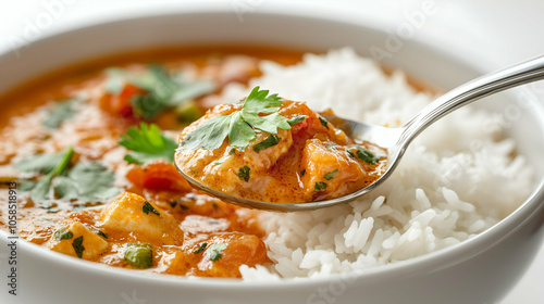 A bowl of creamy tomato curry with mixed vegetables, served alongside fluffy steamed rice. The rich, flavorful sauce is garnished with fresh herbs, adding a burst of color and aroma.