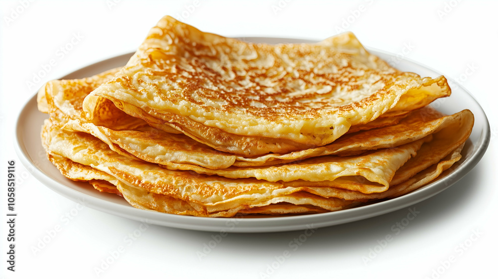 Stack of Freshly Made Golden Crepes on a White Plate - A neatly stacked pile of thin, golden-brown crepes on a white plate, showcasing their delicate texture and light, airy layers. Stack of Freshly Made Golden Crepes on a White Plate - A neatly stacked pile of thin, golden-brown crepes on a white plate, showcasing their delicate texture and light, airy layers.