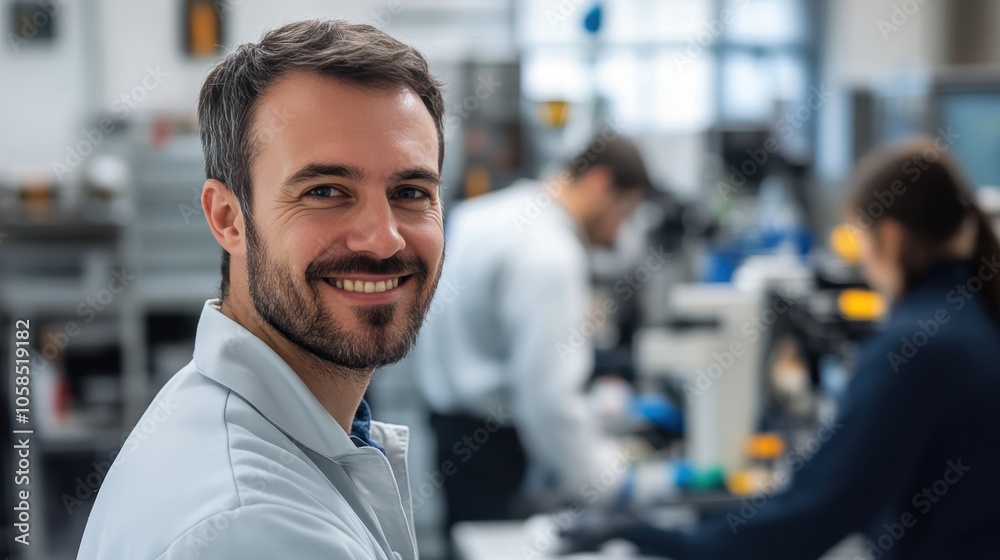 Smiling Caucasian male researcher in a lab setting, engaged in scientific work. Smiling Caucasian male researcher in a lab setting, engaged in scientific work.