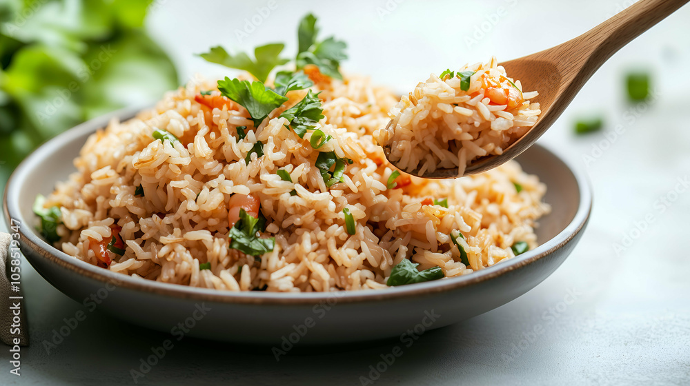 A plate of fluffy fried rice garnished with fresh parsley and green onions, with vibrant vegetables mixed in. The warm, comforting dish is served in a bowl, showcasing a blend of colors and textures.