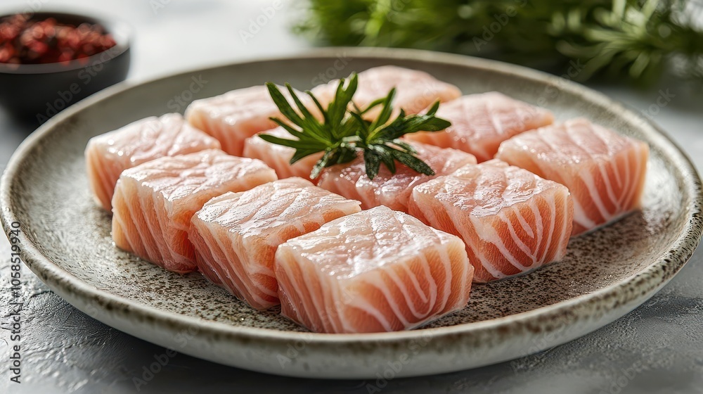 a beautifully arranged plate showcasing chunks of fresh fish on a pristine white background, highlighting the textures and colors with an emphasis on culinary presentation and gastronomic appeal a beautifully arranged plate showcasing chunks of fresh fish on a pristine white background, highlighting the textures and colors with an emphasis on culinary presentation and gastronomic appeal