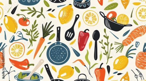 Colorful Kitchen Utensils and Fresh Ingredients Pattern photo