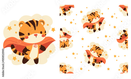 Collection of vector prints for printing on children's products. Cute tiger cub in superhero cape, clouds and stars on white background. Seamless vector pattern. Vector illustration