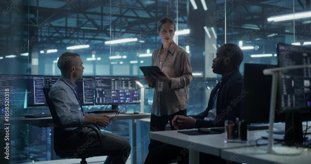 Gathered for a Briefing, Three Diverse Team Members, Two Men and a Female Team Leader Reviewing Project Requirements and Commercial Opportunities in the High-Tech Data Center Office