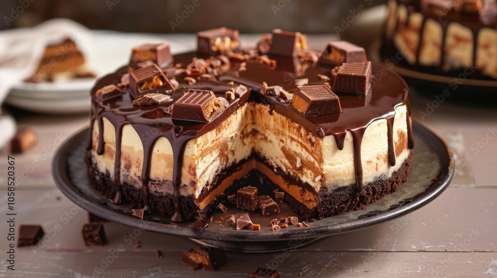Decadent Chocolate Cheesecake with Toppings on Rustic Table. International Cake Day