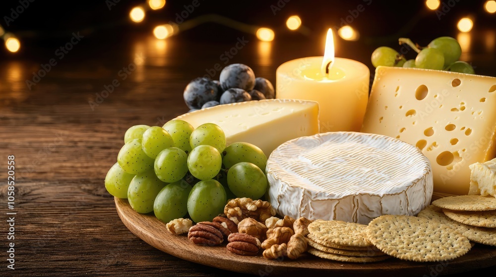 Cheese platter with grapes, nuts, and candle on wooden table, festive background.