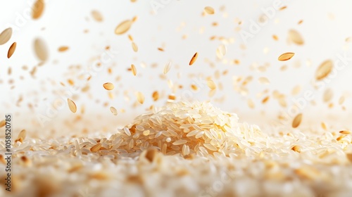 Rice Grains Falling and Steam Rising on a White Background