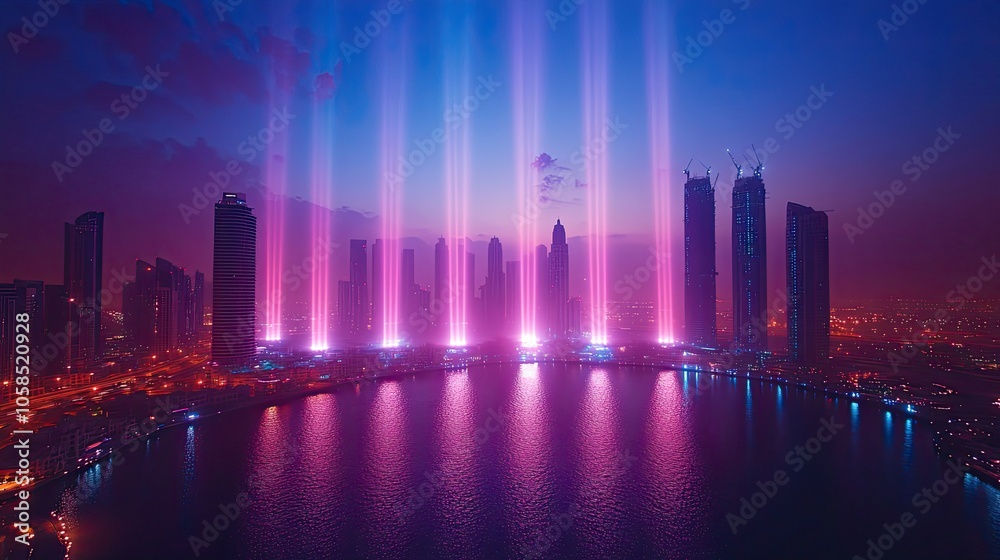 Light show in Dubai with drones creating patterns in the night sky Light show in Dubai with drones creating patterns in the night sky
