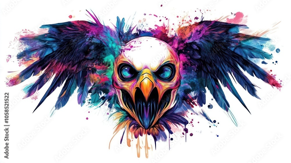 A vibrant, artistic depiction of a skull with bird wings, featuring bold colors and abstract elements. A vibrant, artistic depiction of a skull with bird wings, featuring bold colors and abstract elements.
