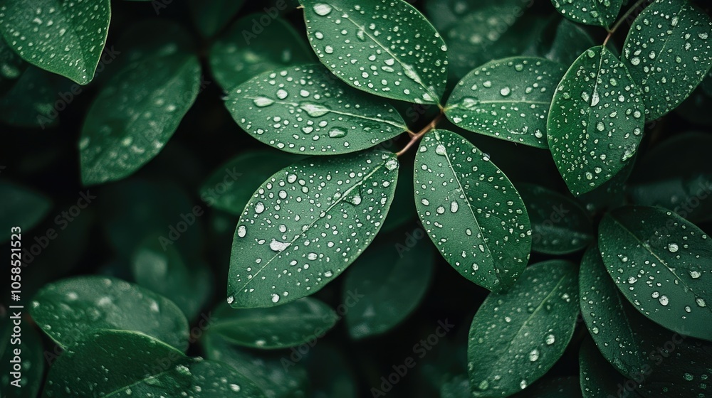Obraz premium Green fresh leaves adorned with dew drops create a wonderland of nature, perfect for a stunning background. This vibrant scene offers a serene and refreshing wallpaper option.