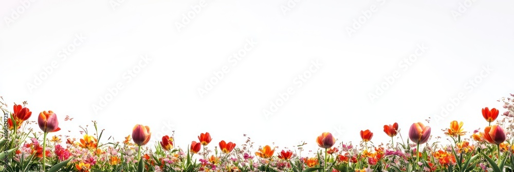 A vibrant display of tulips and flowers against a soft white background.