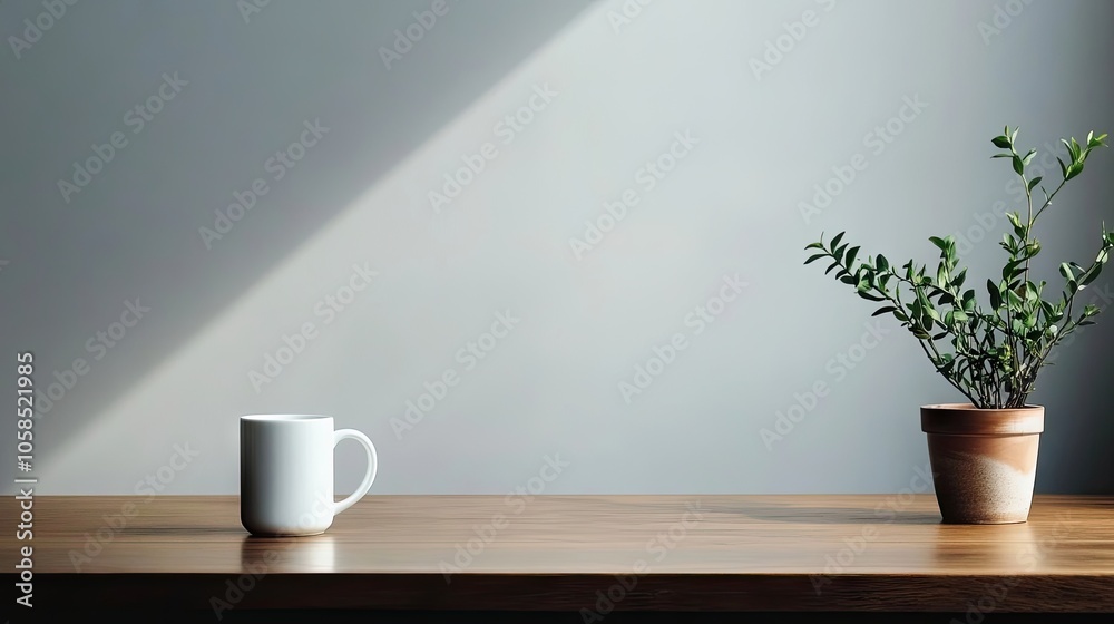 Minimalist kitchen table with a clean white mug placed on it, emphasizing a minimalist design that enhances simplicity and elegance in any setting. Ample copy space available. Minimalist kitchen table with a clean white mug placed on it, emphasizing a minimalist design that enhances simplicity and elegance in any setting. Ample copy space available.