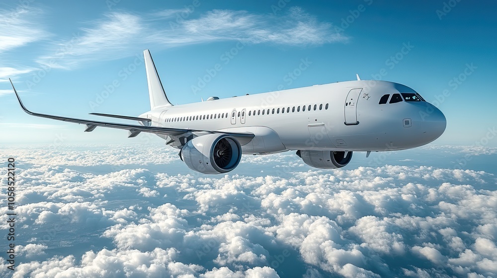 Low-angle shot of white airplane soaring through clear blue sky Low-angle shot of white airplane soaring through clear blue sky