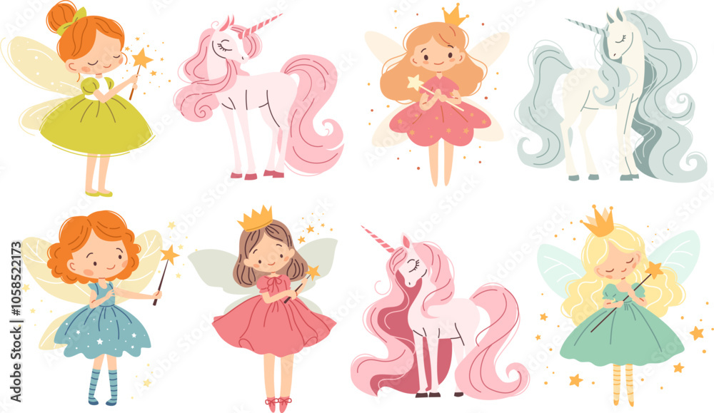 Set of flat vector illustrations in children's style. Cute fairies and unicorns with magic wands on white background. Vector illustration Set of flat vector illustrations in children's style. Cute fairies and unicorns with magic wands on white background. Vector illustration