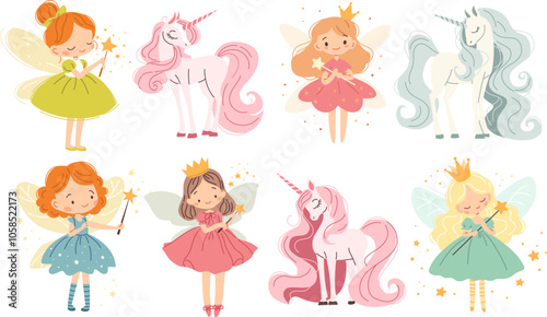Set of flat vector illustrations in children's style. Cute fairies and unicorns with magic wands on white background. Vector illustration