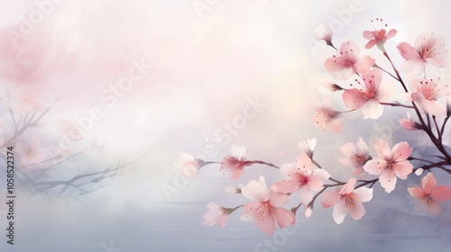 Soft pastel spring background with fresh blossom flowers and dew-kissed leaves in misty smoke, illustration

