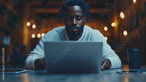 Man typing on laptop with blank screen, top view of hands using the keyboard, with coffee cup and phone nearby