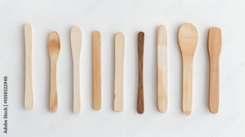 70.A collection of wooden ice cream sticks, laid out on a plain white surface. The natural wood grain and fine details of the sticks are visible, creating a simple and clean composition ideal for 70.A collection of wooden ice cream sticks, laid out on a plain white surface. The natural wood grain and fine details of the sticks are visible, creating a simple and clean composition ideal for