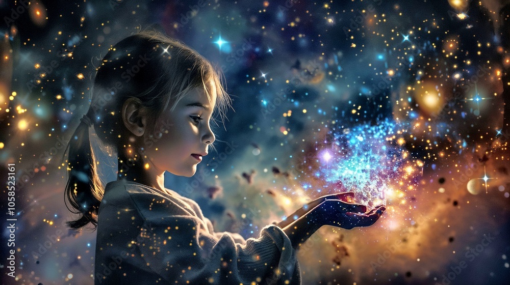Child interacting with the universe, creating magic and exploring the cosmos with colorful nebulae and galaxies Child interacting with the universe, creating magic and exploring the cosmos with colorful nebulae and galaxies