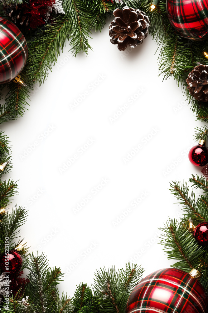 beautiful frame made of lush pine branches, adorned with sparkling ornaments, pine cones, and a touch of plaid. beautiful frame made of lush pine branches, adorned with sparkling ornaments, pine cones, and a touch of plaid.