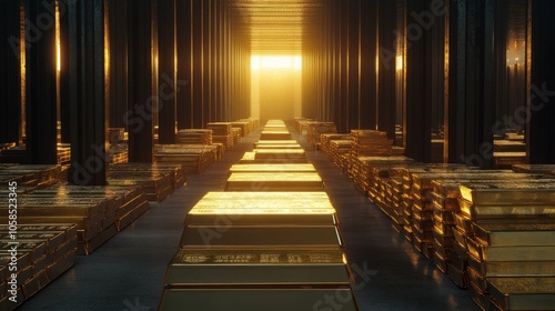 53.A warehouse interior with rows of gold bars stacked in a neat arrangement. The polished metal gleams under the light, emphasizing the vast quantity of gold stored for reserves or investment.