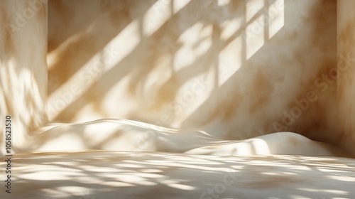Minimalist light beige background for product presentation with intricate shadows