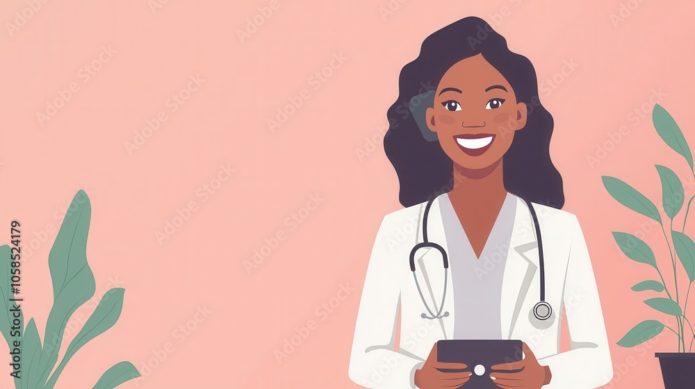 A cheerful female doctor holding a tablet, set against a pastel background with plants, embodying a professional and friendly healthcare atmosphere. A cheerful female doctor holding a tablet, set against a pastel background with plants, embodying a professional and friendly healthcare atmosphere.