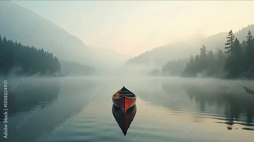 A canoe is floating on a lake in the morning mist