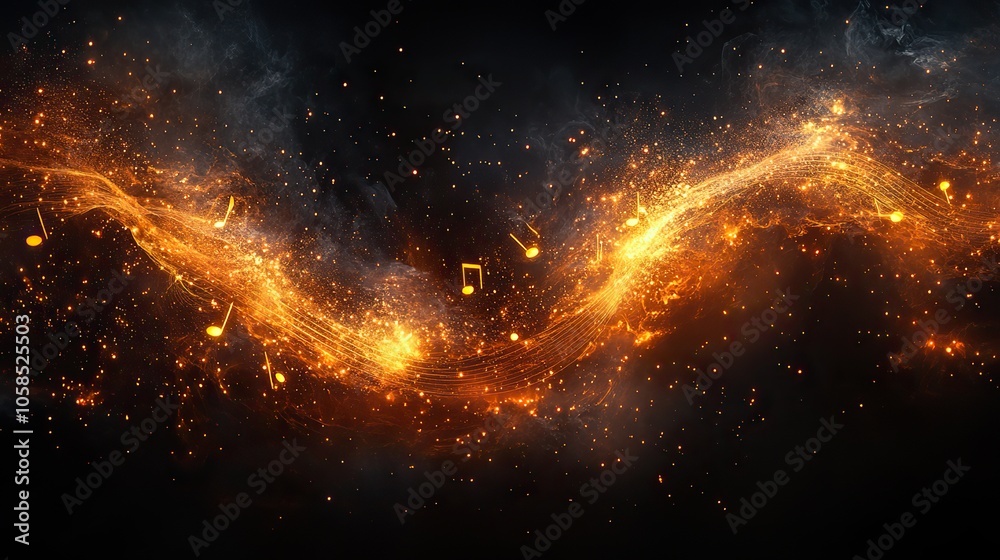 Fototapeta premium Musical wave design with glowing white notes on black background, featuring gold and amber tones