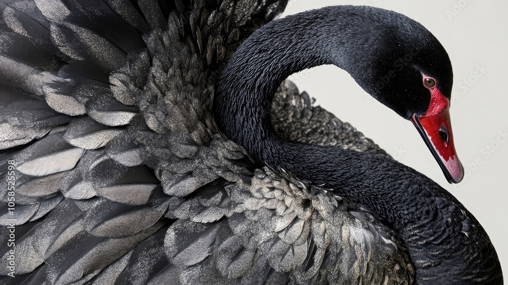 Fototapeta premium Close-up image of a Black Swan, highlighting the intricate details of its trunk. The elegant Black Swan adds a touch of natures beauty, perfect for showcasing wildlife.
